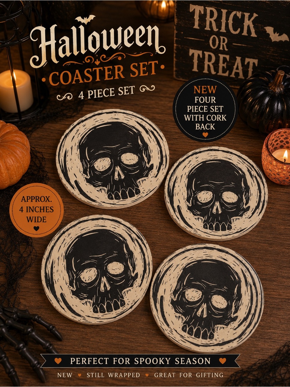 Source Unknown Halloween Coaster Set - Black & Cream Skull Coasters